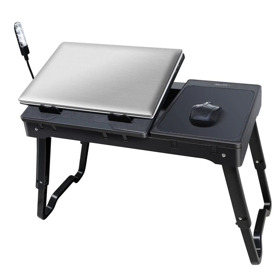 Laptop Tray Desk, Foldable Stand with Cooling Fan & LED Light, Ergonomic Desk Stand for Bed, Sofa, and Tablet Use