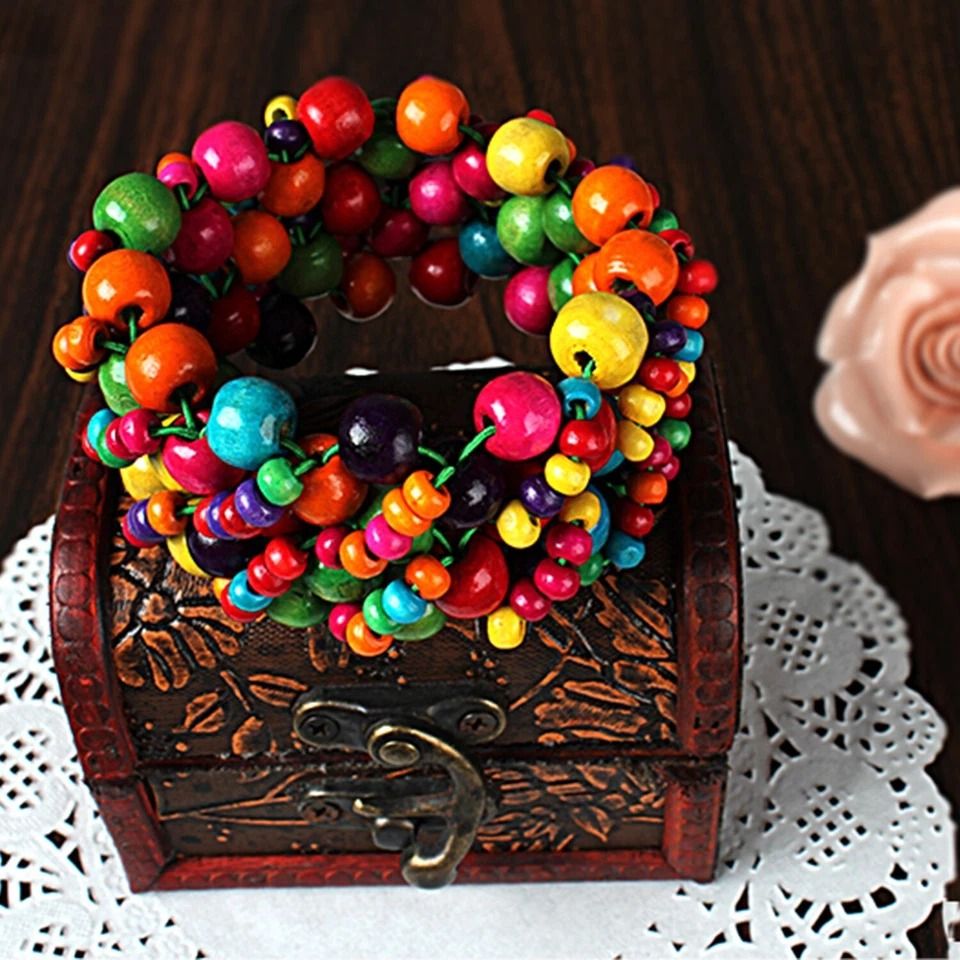 Bohemian Women's Fashion Bracelet, Colorful Wood Beads for Women, Retro Style Jewelry