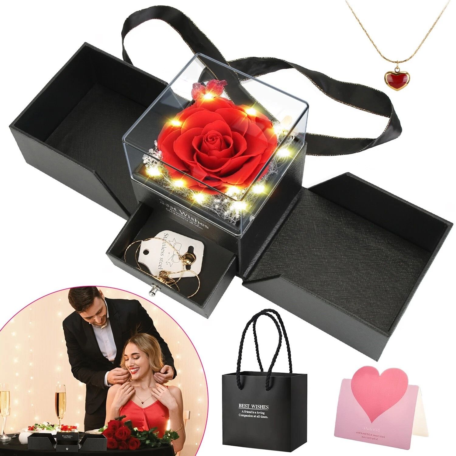 Preserved Red Rose with Heart Necklace, Luxury Eternal Flowers Gift for Girlfriend, Mother, Anniversary, Romantic Gift
