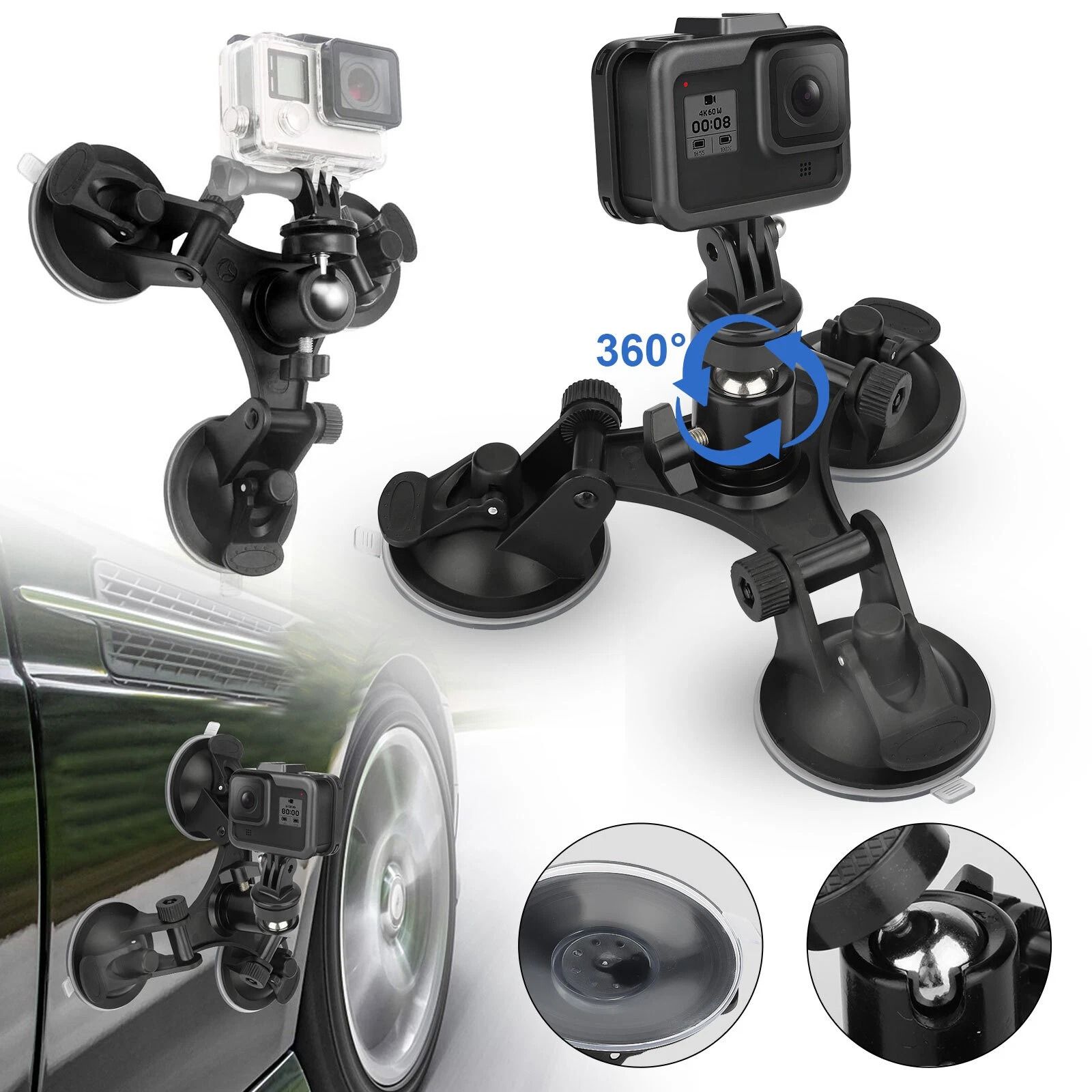 Triple Suction Cup Stand Car Mount Holder, Action Camera, Stable Universal Camera Mount