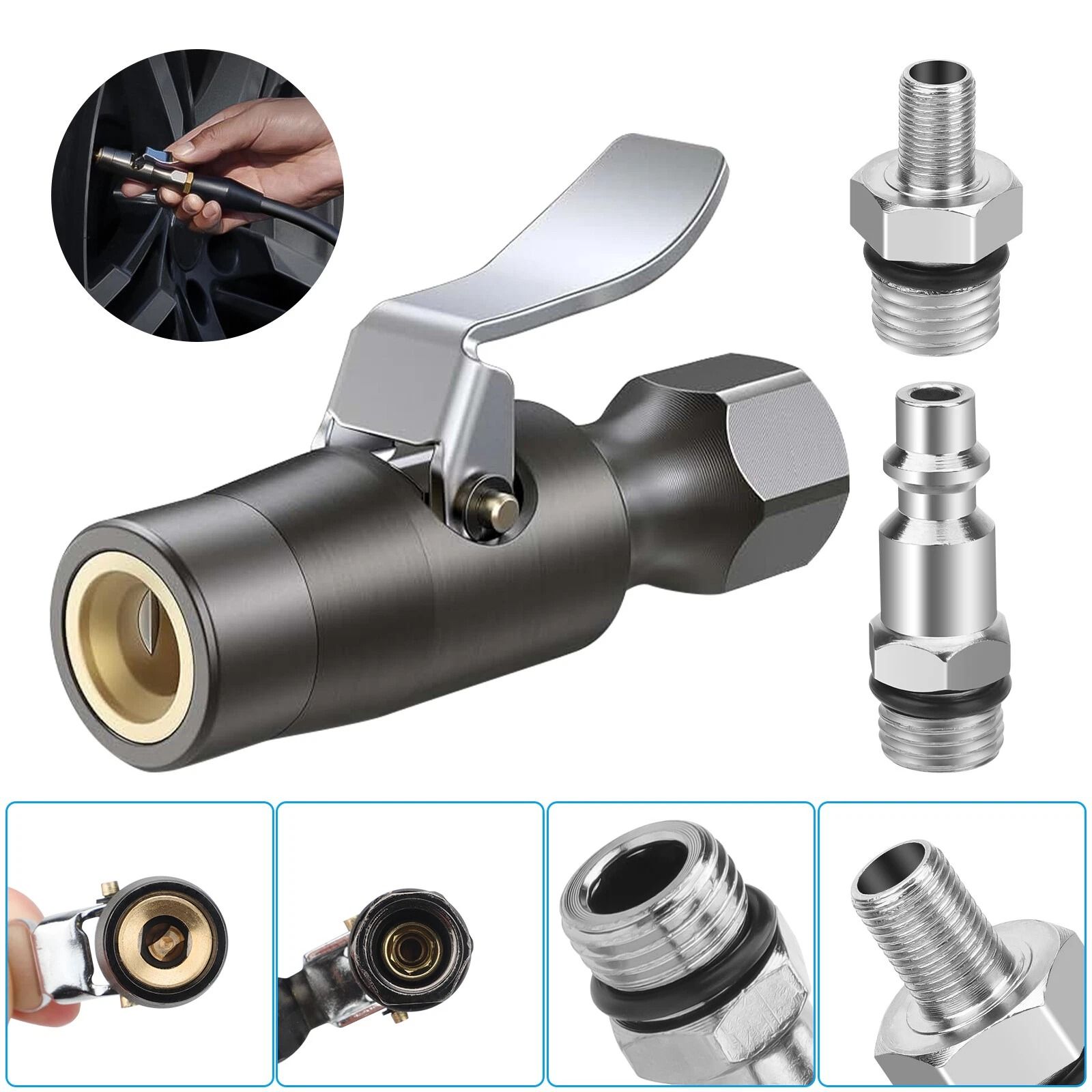 Tire Inflator Lock-on Air Chuck, Schrader Valve Compatible, Double Jaw Lock, Female NPT Thread, Heavy-Duty Brass