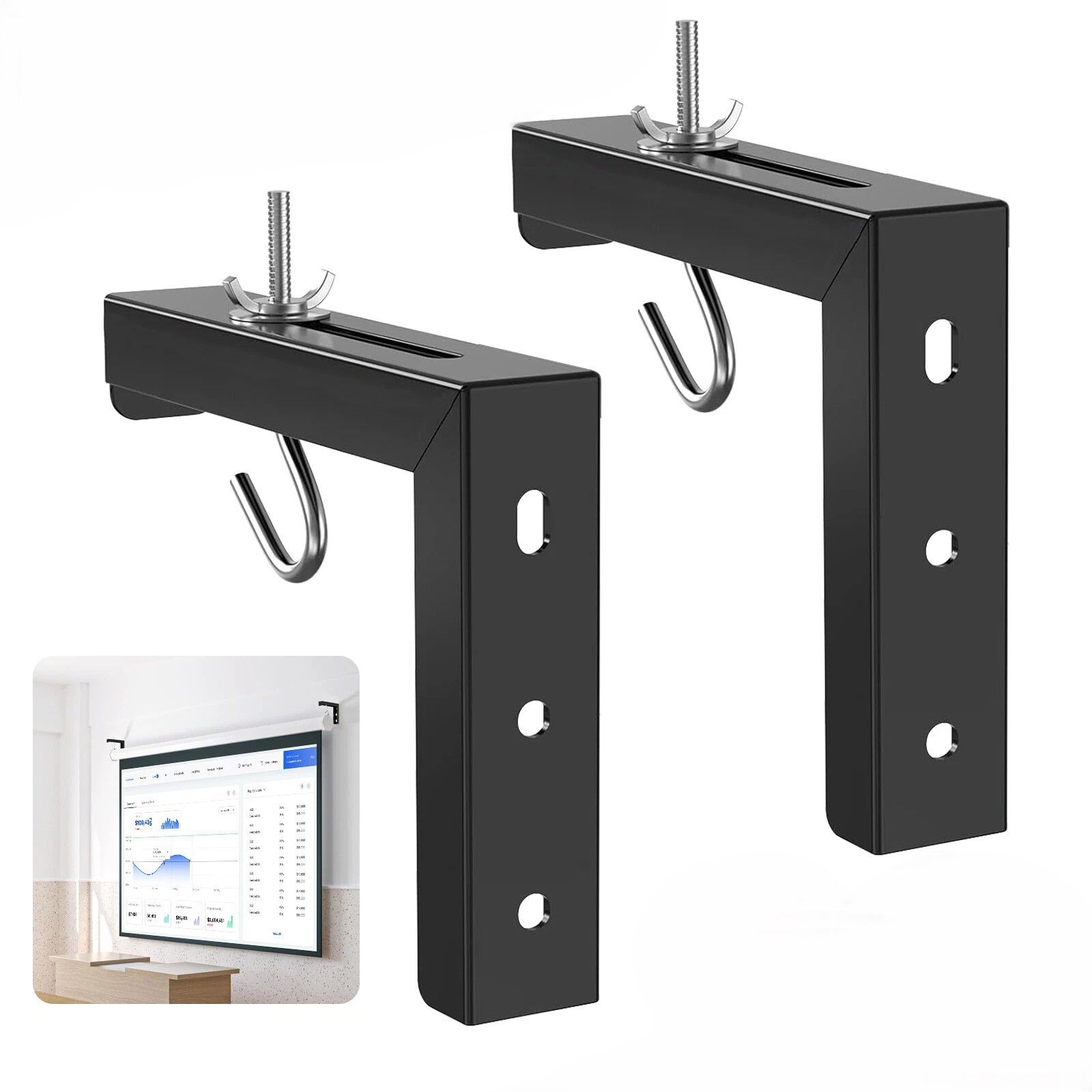 Adjustable Projector Screen Wall Mount, Ceiling Mount L-Bracket with Hooks, Capacity, Durable, Versatile Bracket