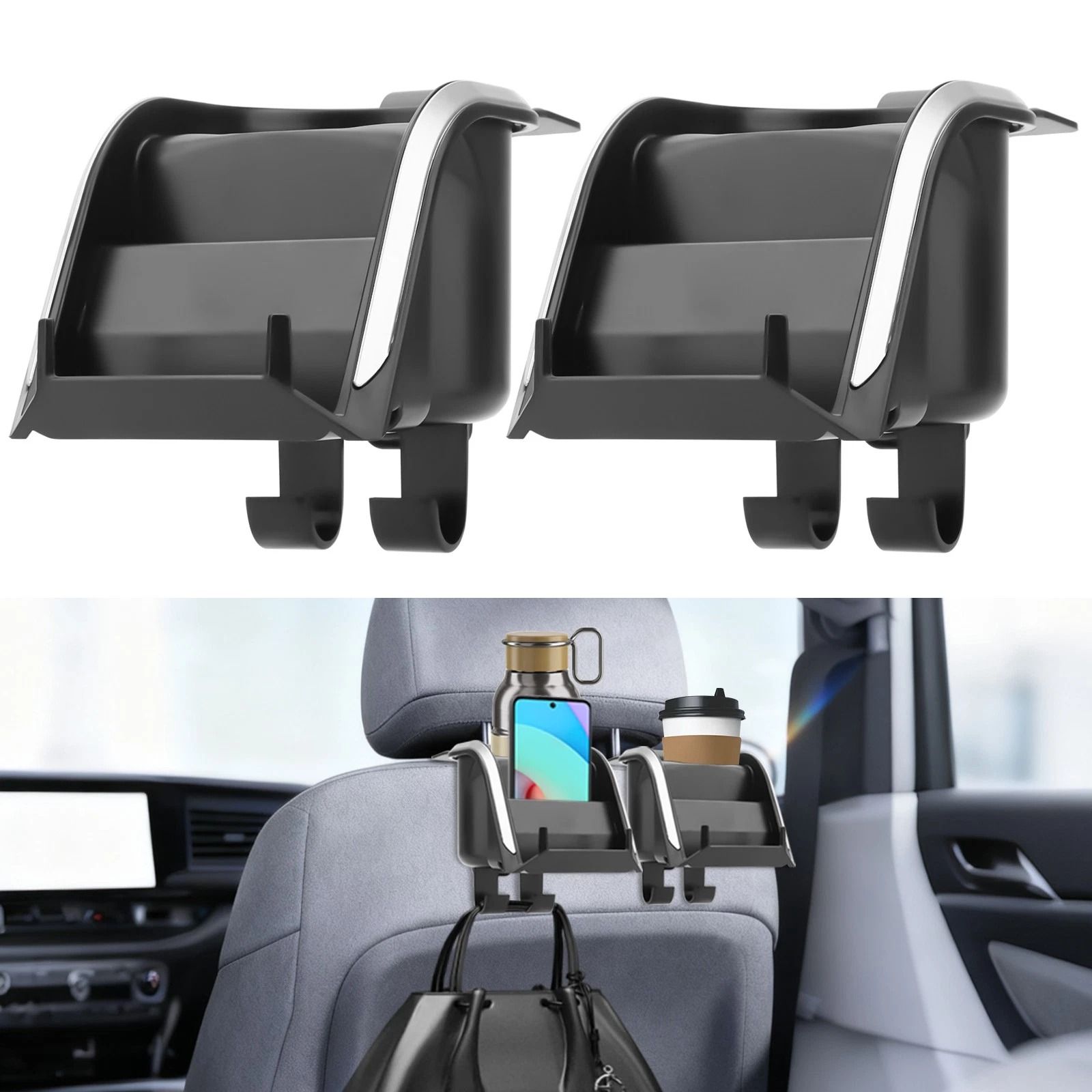 Universal Car Hook Cup Holder with ABS Material, Rear Seat Organiser, Charging Port for Phones, Hooks for Bags