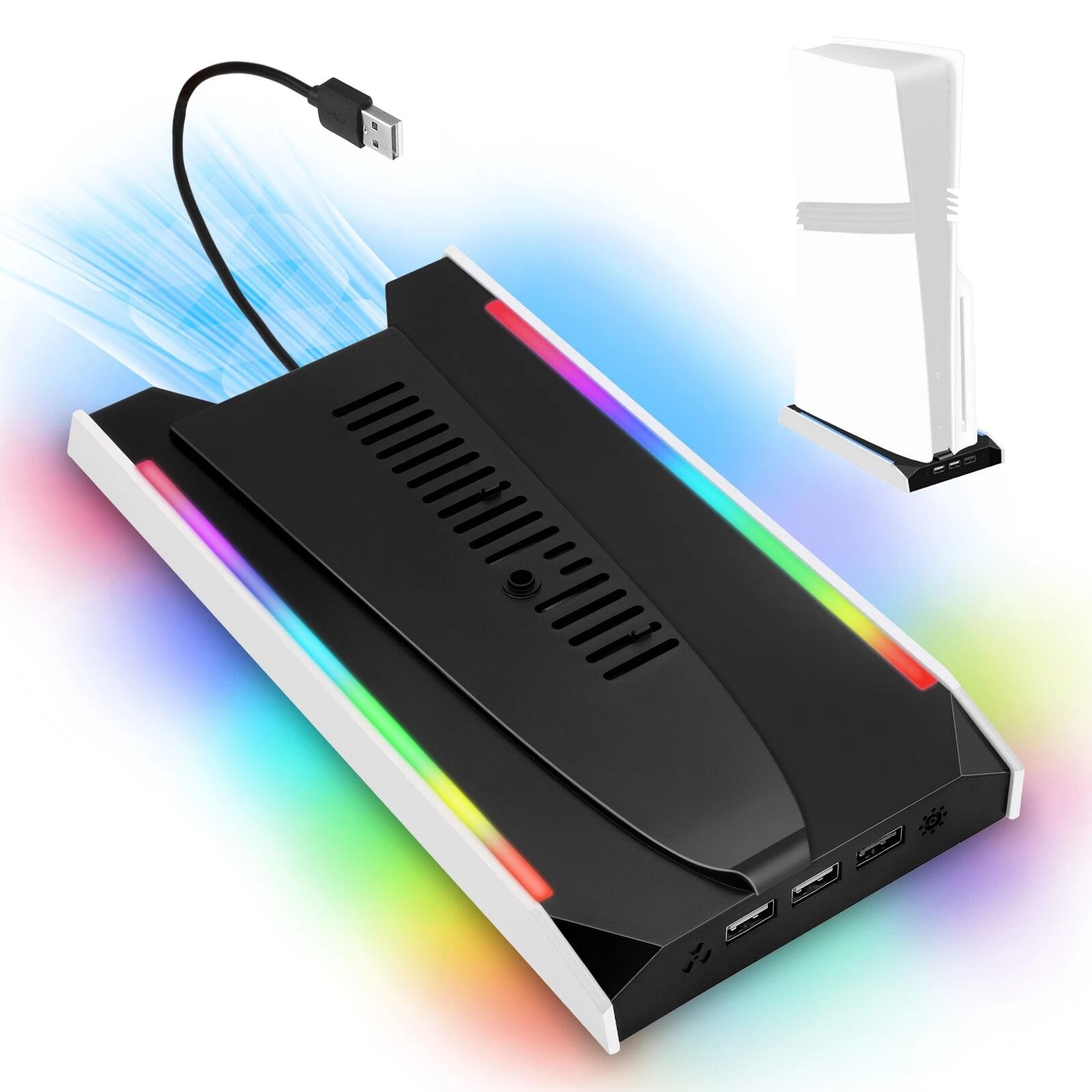Vertical Cooling Fan Stand for Pro/Slim, RGB Lighting, USB Ports for Charging, Low Noise Cooling for PS5 Disc