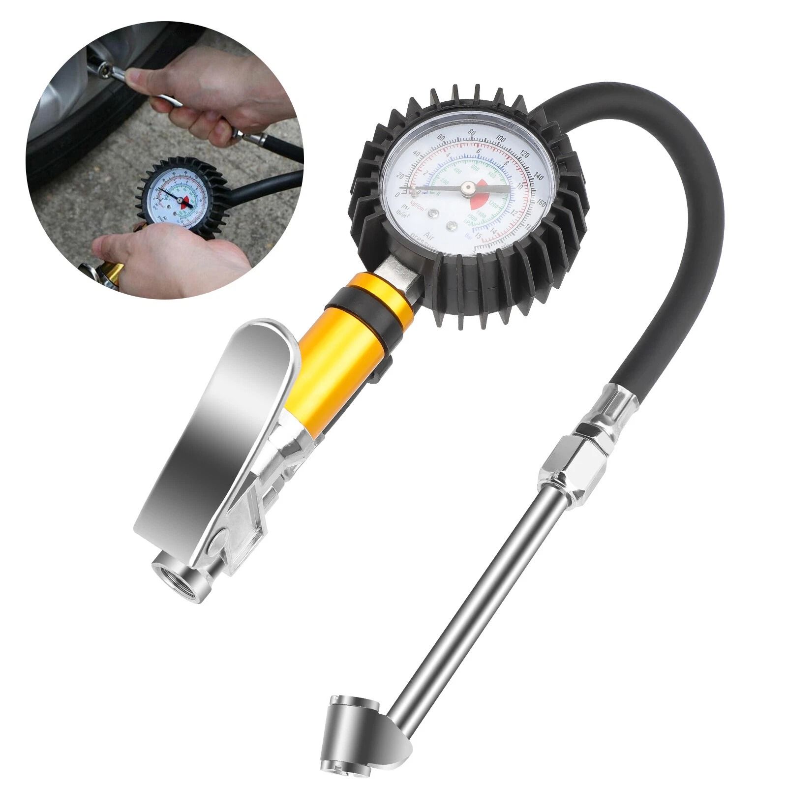 Mechanical Dial Tire Pressure Gauge with Inflator, FNPT Air Tool for Vehicle Tire Maintenance