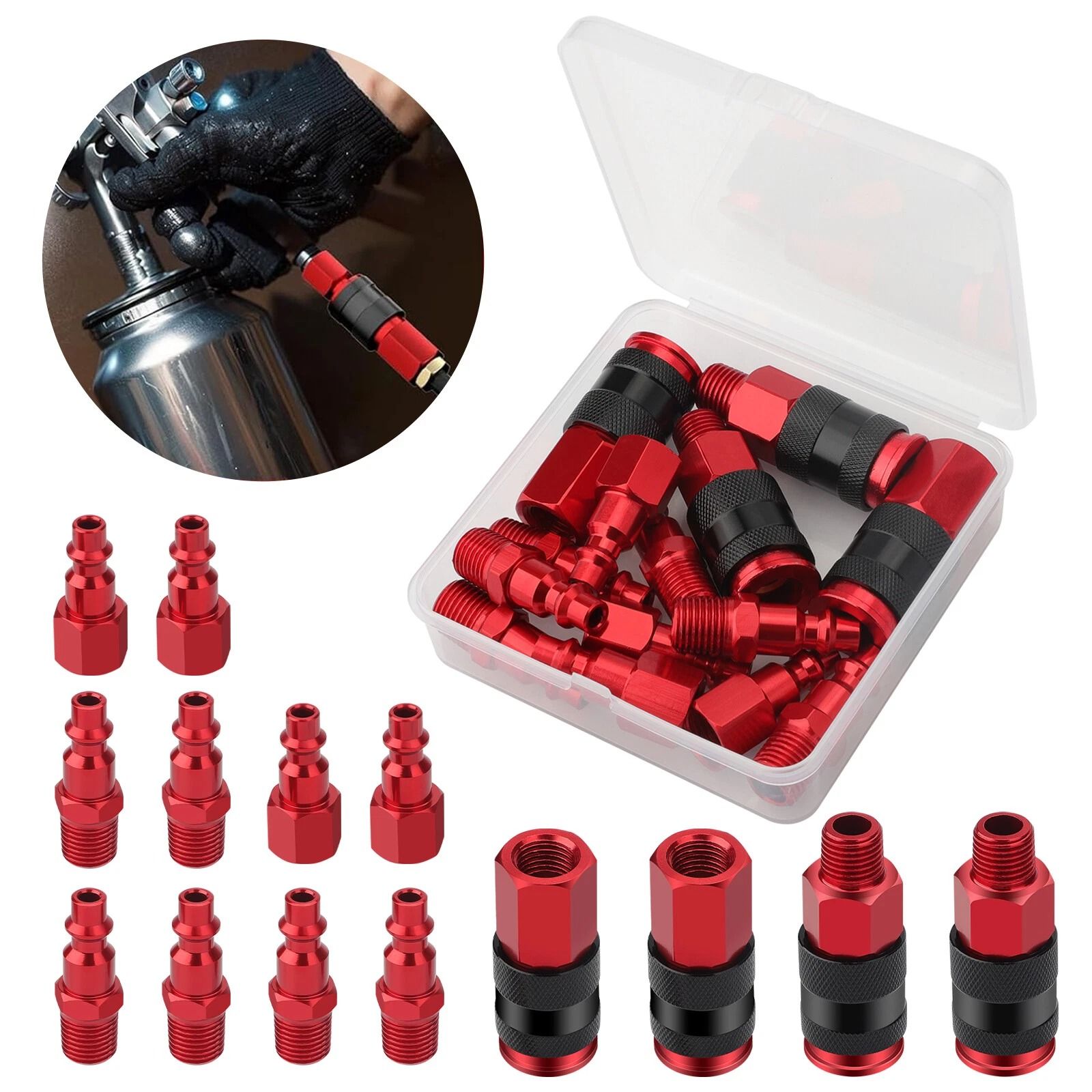 Quick Connect Air Hose Fittings, Red, NPT Aluminum Air Coupler and Plug Kit, Ball Locking System