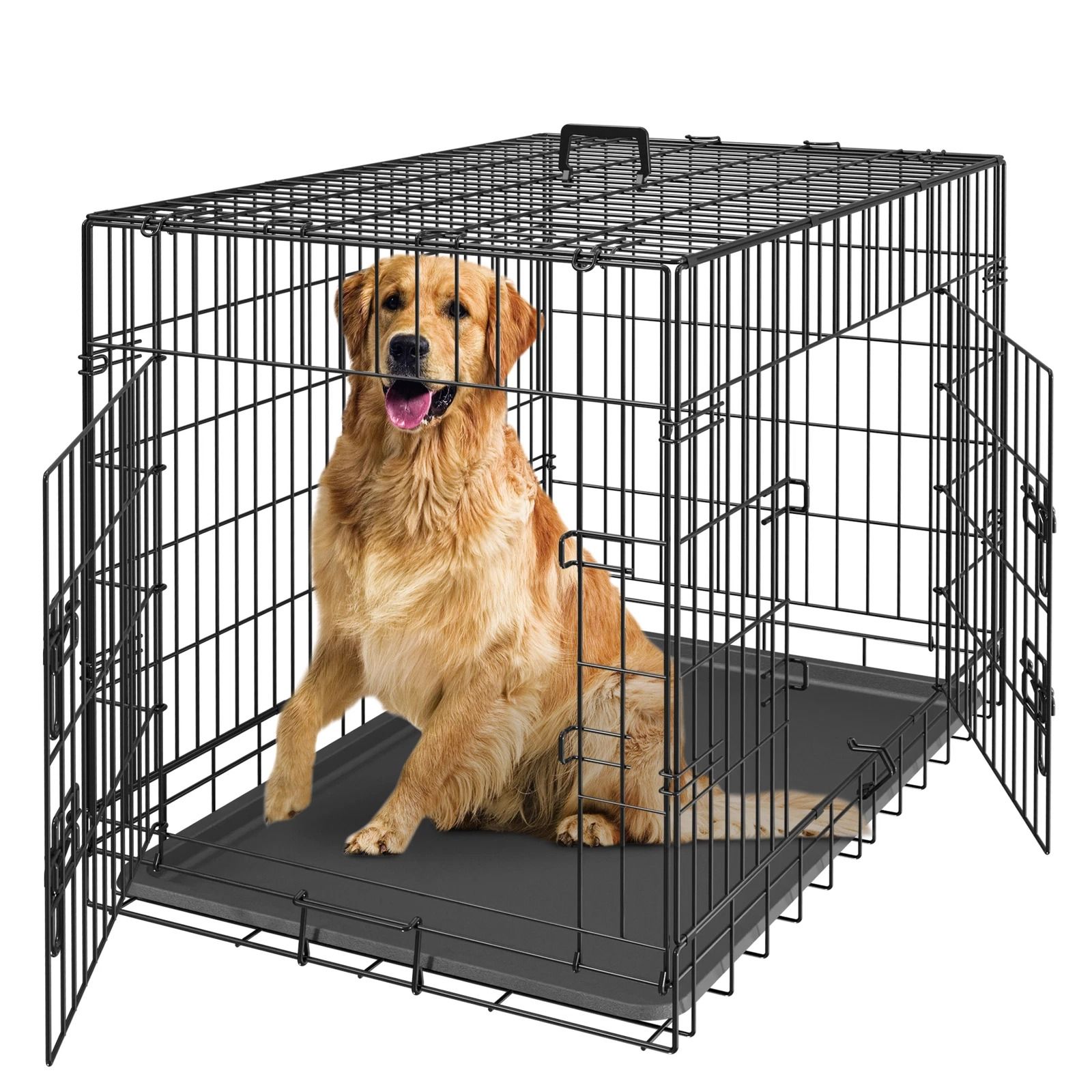 Folding Dog Crate, Metal Dog Cage with Tray Pan, Doors, Black Pet Kennel
