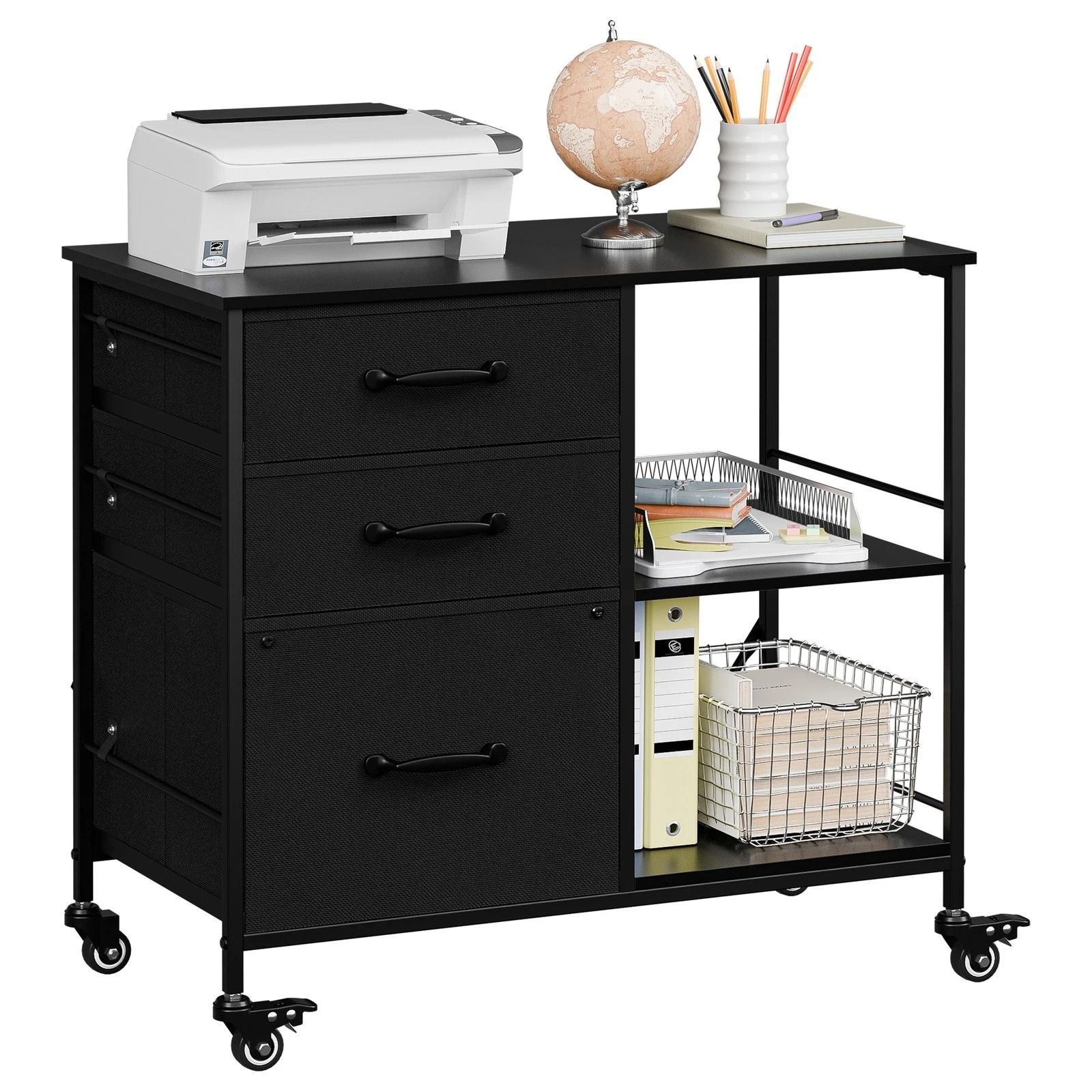 Mobile File Cabinet with Drawers and Open Storage Shelf, Rolling Printer Stand in Black