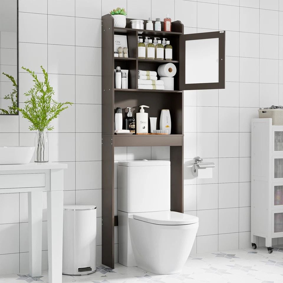 Wood Bathroom Floor Cabinet, Over Toilet Space Saver, Storage Shelf Rack, Brown, Adjustable Shelves