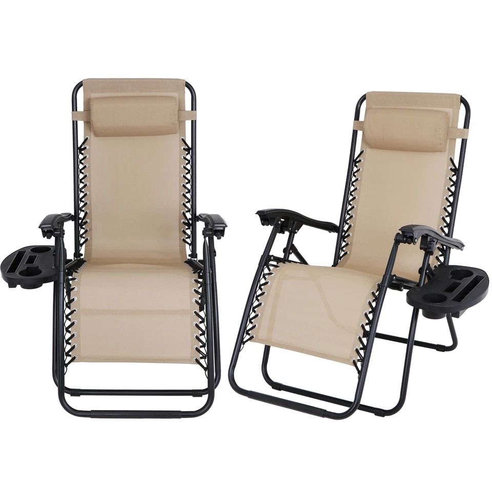 Beige Zero Gravity Lounge Chair with Cup Holders, Recliner for Patio Pool, Adjustable, Foldable Outdoor Chair