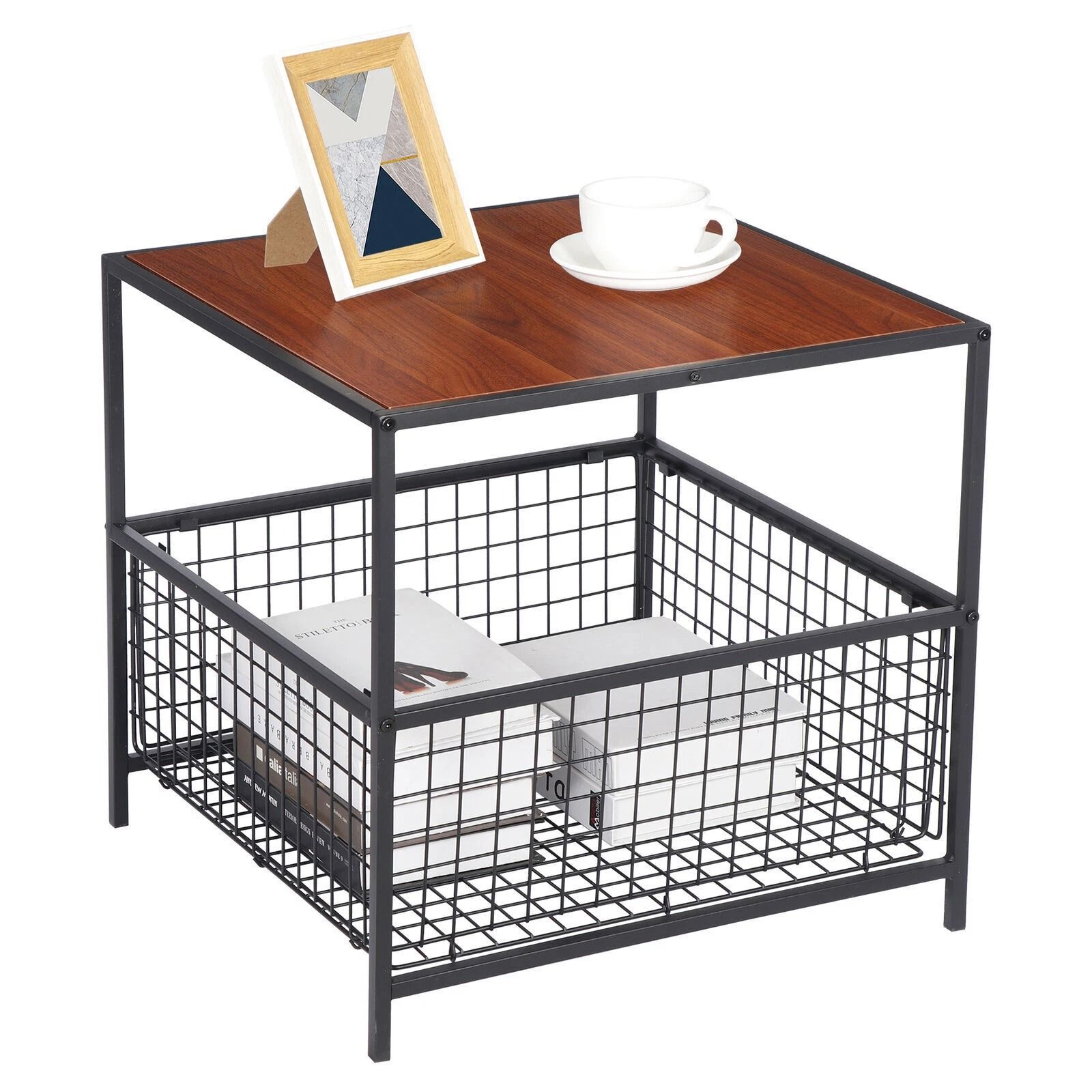 Mahogany Coffee Table with Storage Basket, Sturdy Side Table Organizer, Versatile Home Furniture for Living Room