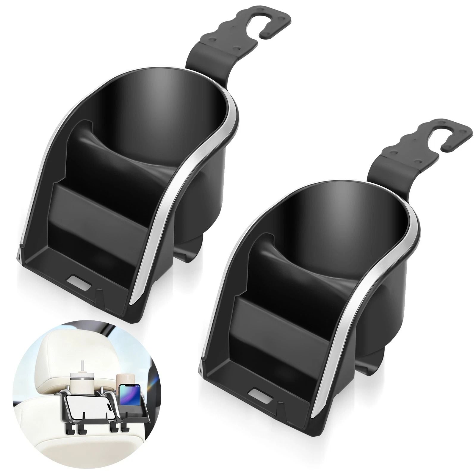 Seat Back Hook Phone Cup Drink Holder, Multifunctional Car Headrest Organizer with Charging Port