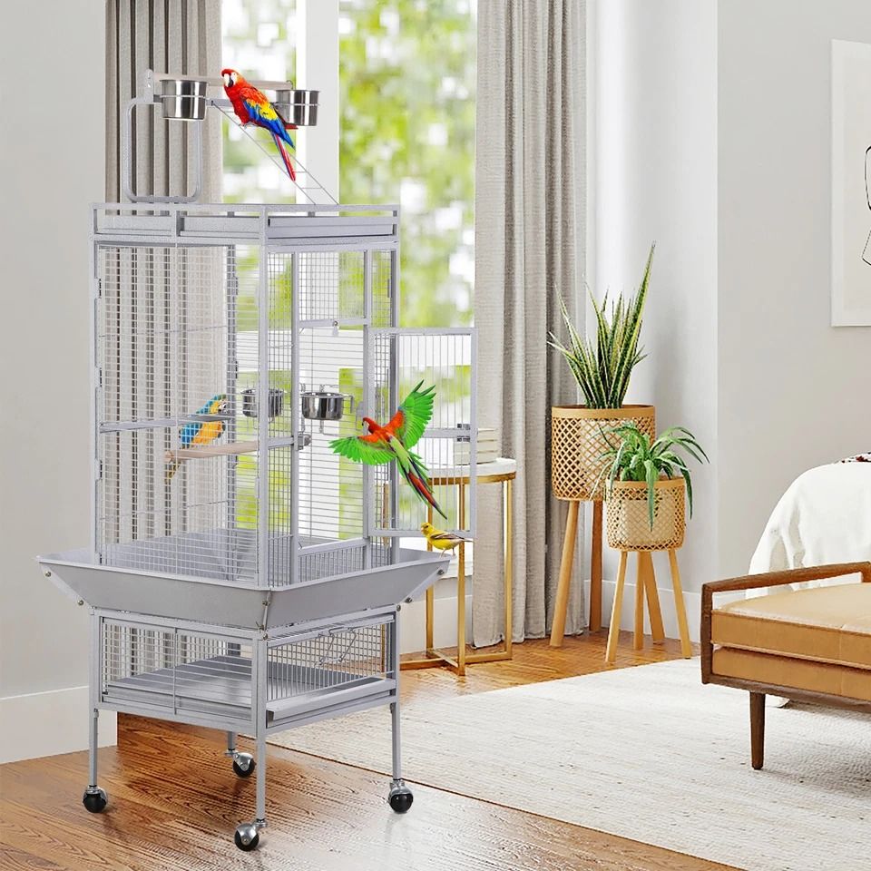 Playtop Parrot Cage, Durable Non-Toxic Coated Steel, Spacious Design with Ladder and Perches, Removable Tray