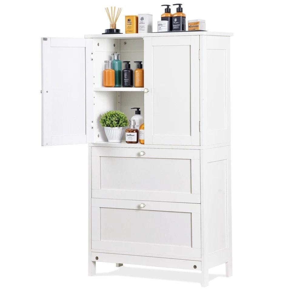 White Bathroom Floor Cabinet, Adjustable Shelves, Hidden Storage, Large Capacity, Stylish Design