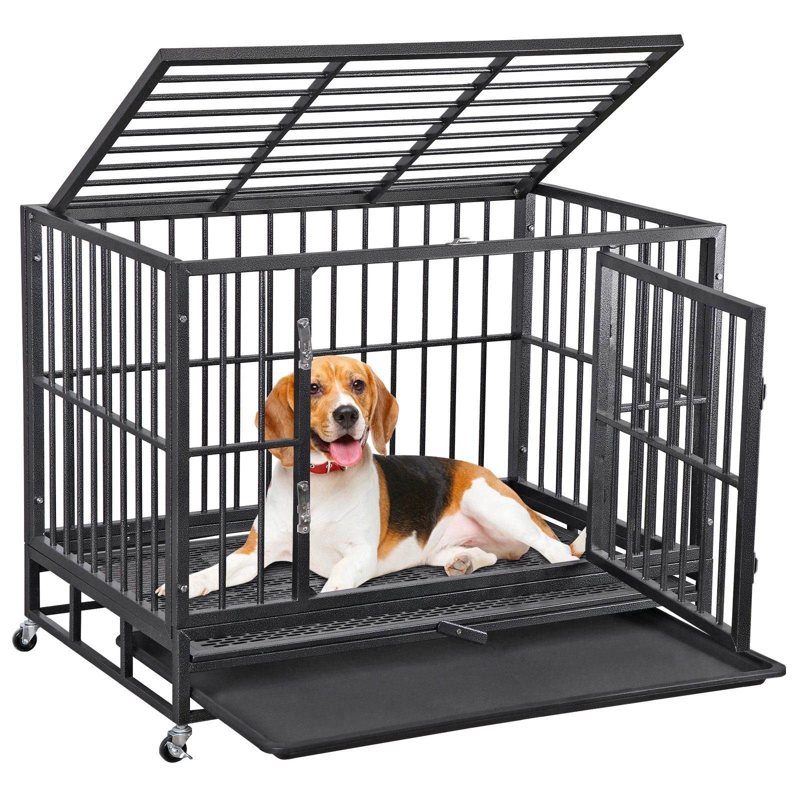 Large Dog Cage with Locks, Heavy Duty Dog Crate Indoor, Outdoor, Removable Tray
