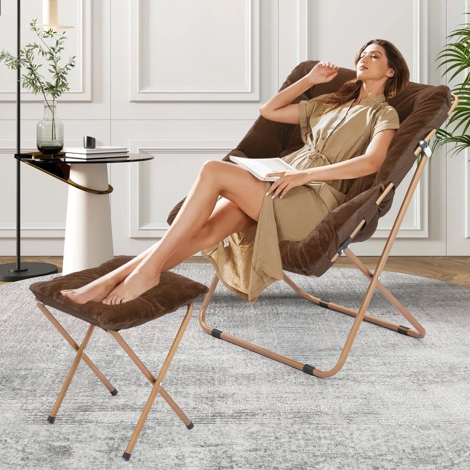 Cozy Foldable Brown Saucer Chair Footrest, Faux Fur Oversized Lounge Accent Chair