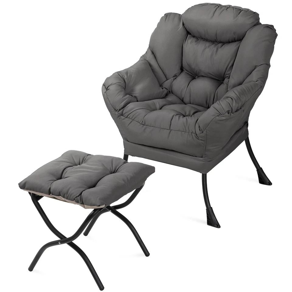 Upholstered Modern Gray Soft Accent Chair, Living Room Lazy Sofa Chair with Ottoman