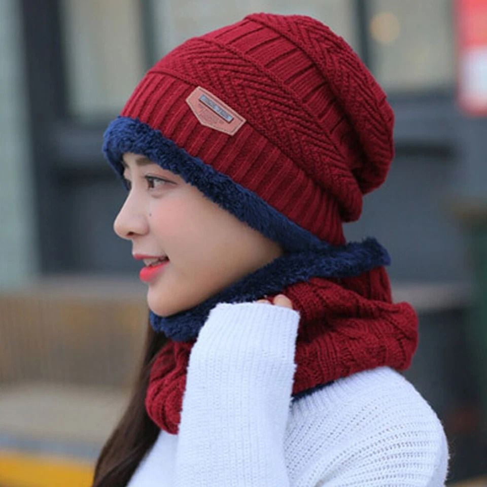 Knitted Winter Beanie Hat, Bacaclava Snood Scarf Set, Snow Ski Cap for Men Women, Fleece Lined Hat and Scarf for Outdoor