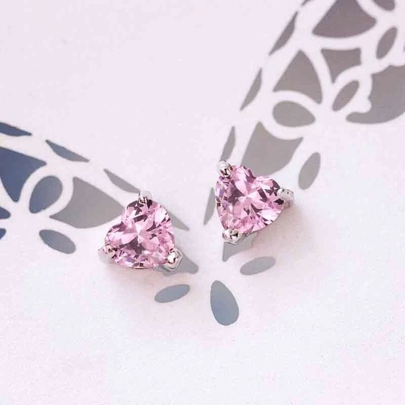 Pink Heart CZ Stud Earrings, Solid Sterling Silver, Ct Cubic Zirconia, Perfect Gift for Her