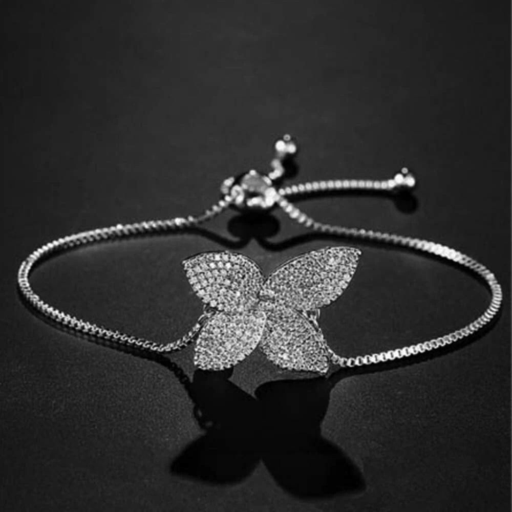 Sterling Silver Plated Women's Bracelet, Adjustable Bolo, Butterfly Design with CZ, Gold Plated