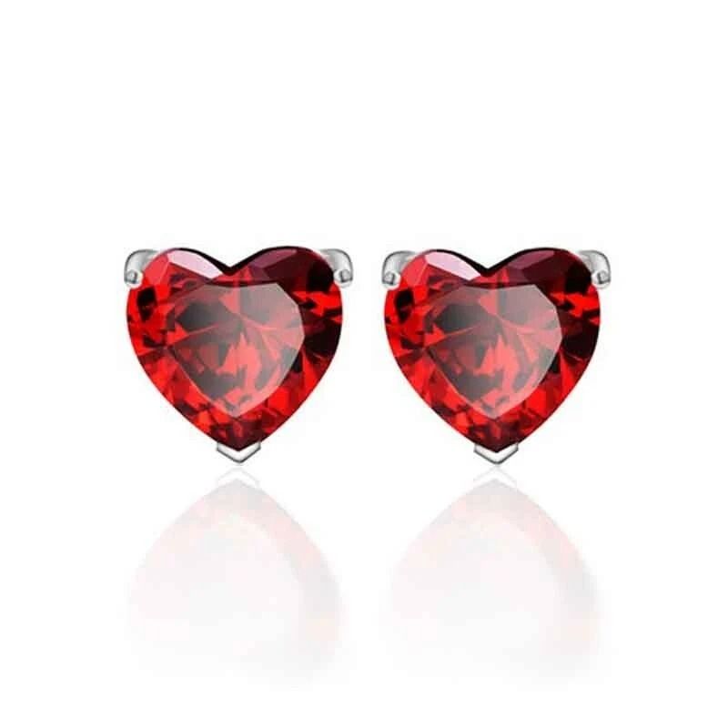 Solid Sterling Silver Red Heart CZ Stud Earrings, Cubic Zirconia