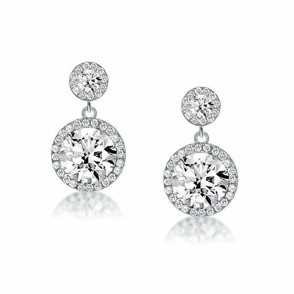 Double Halo Drop Earrings, Sterling Silver CZ Round Cut, Stud Earrings for Women, Swarovski Crystal Jewelry