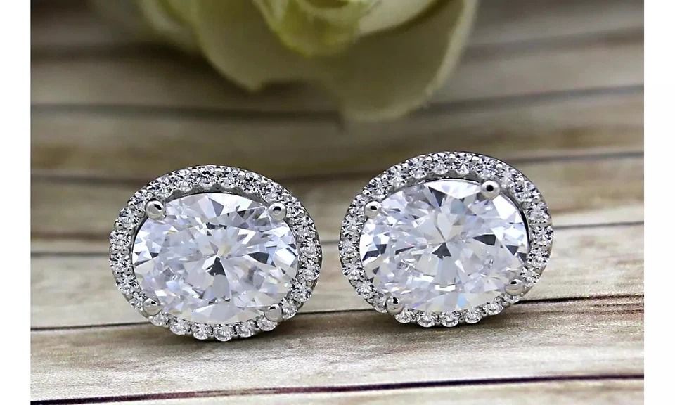 Oval Cut Halo Stud Earrings, White Gold Plated Brass, Swarovski Elements Crystal Jewelry for Women