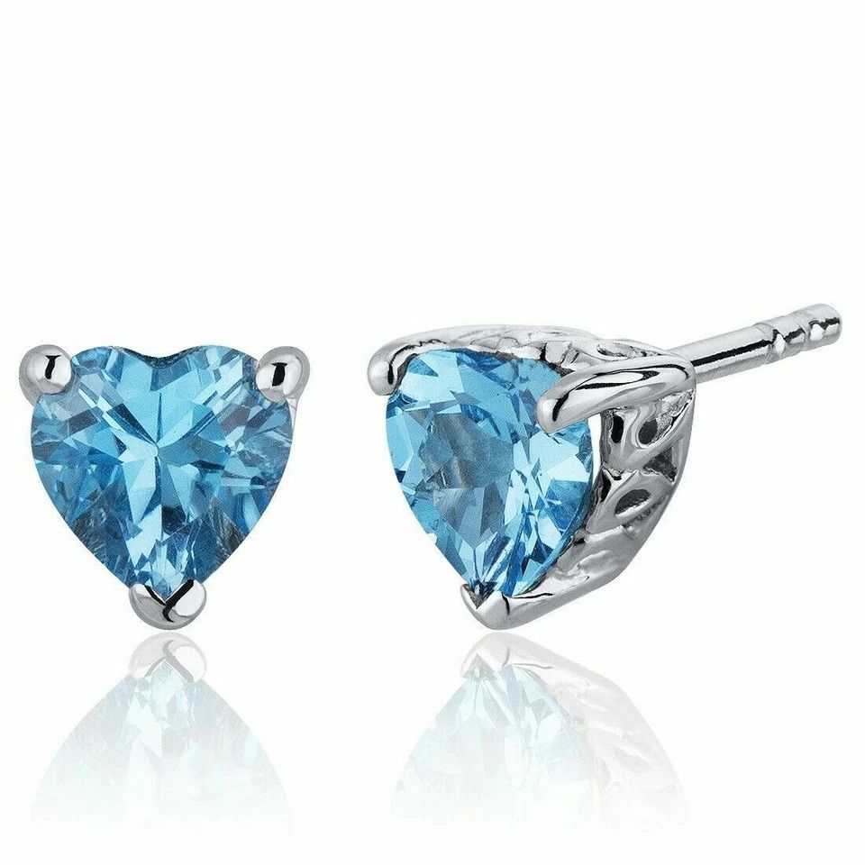 Sterling Silver Heart-Shaped Blue Topaz Stud Earrings, Light Blue, Cubic Zirconia Accents