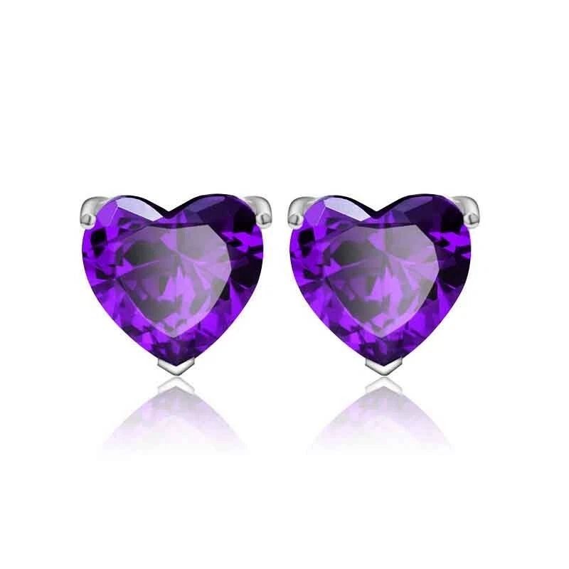 Sterling Silver Heart CZ Shaped Stud Earrings,Amethyst, Cubic Zirconia, Elegant Purple Amethyst Earrings
