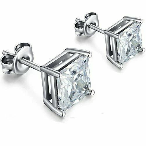 Sterling Silver Princess Cut Stud Earrings, Cubic Zirconia Silver Round CZ,, Perfect Gift Set