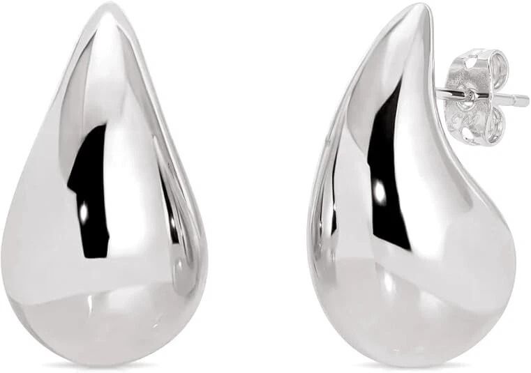 Sterling Silver Chunky Teardrop Hoop Earrings, Silver, Butterfly Push Back, Perfect Gift for Women & Girls