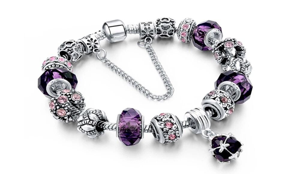 Purple Crystal CZ Charm Bracelet, Elements, Gold Plated, White Gold, Elegant Heart Design for Women