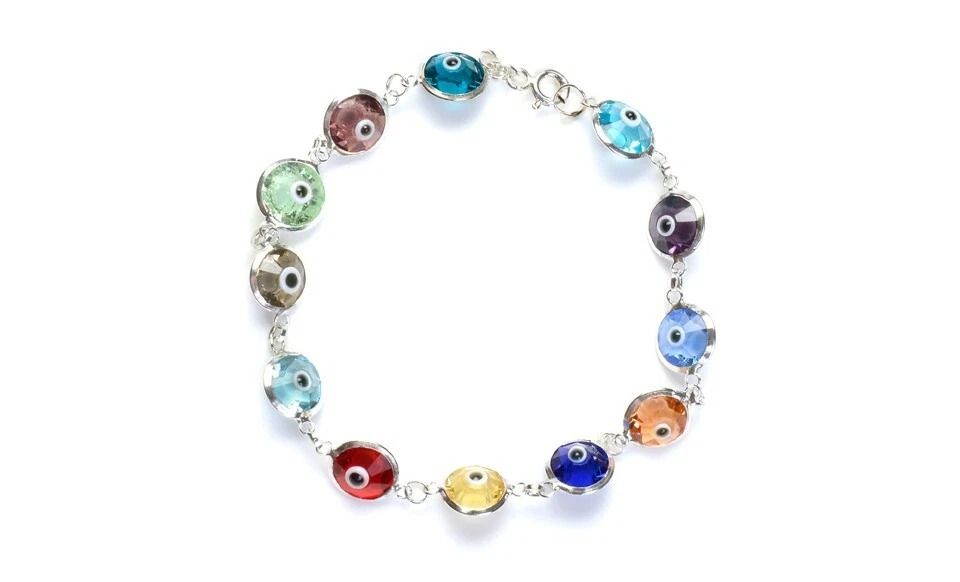 Solid Sterling Silver Multi-Color Crystal Evil Eye Bracelet, Link Chain, Unique Crystal Jewelry for Protection