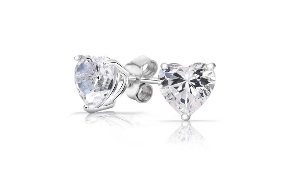 Sterling Silver HEART Shaped Stud Earrings, Cubic Zirconia Silver Round CZ, Sparkling Jewelry Gift
