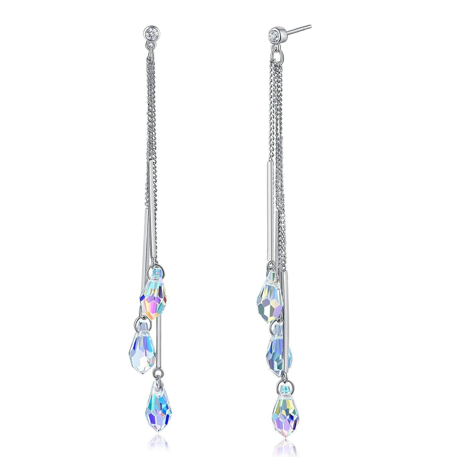 Elegant White Gold Plated Aurora Borealis Teardrop Cut Crystal Drop Earrings, Lightweight and Hypoallergenic