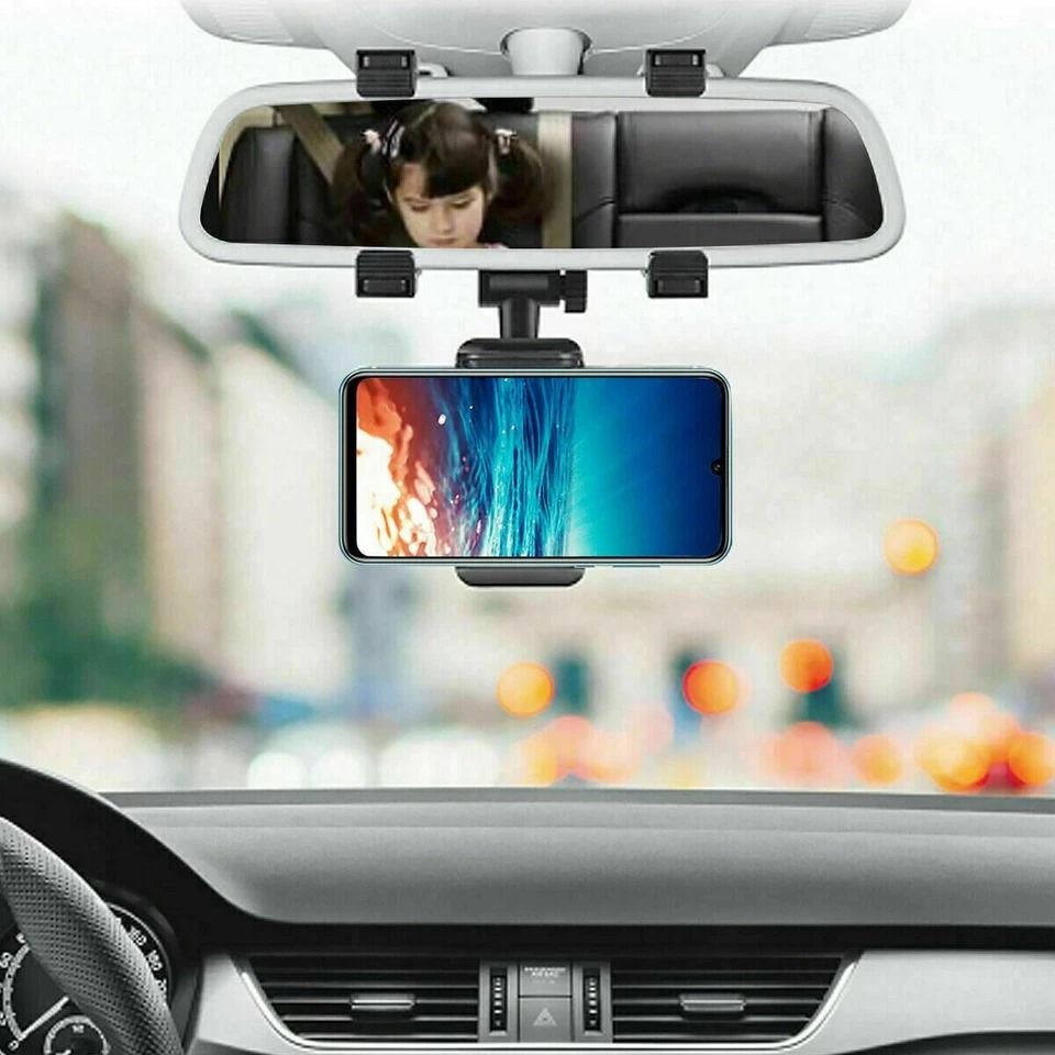 Universal Rotation Car Rear View Mirror Phone Holder for GPS, Cell Phones, and Devices
