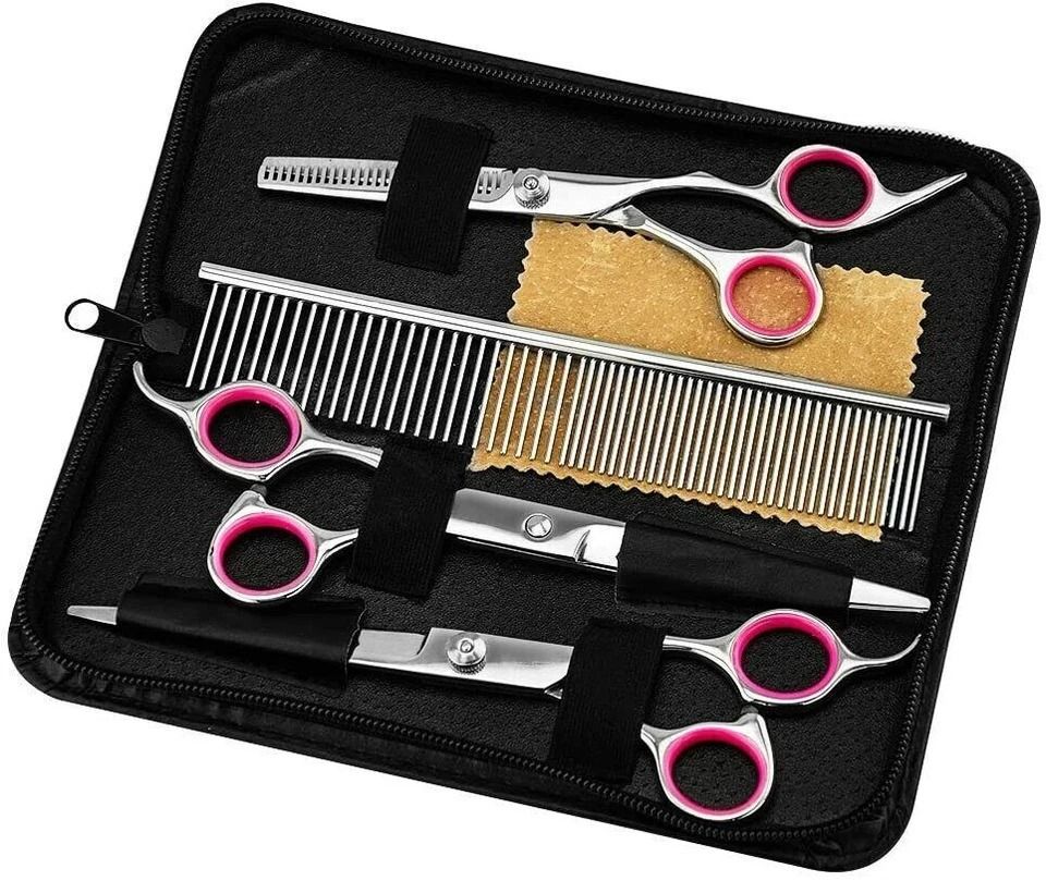 Premium Pet Grooming Scissors Set Stainless Steel Curved, Straight, and Thinning Shears for Dogs and Cats