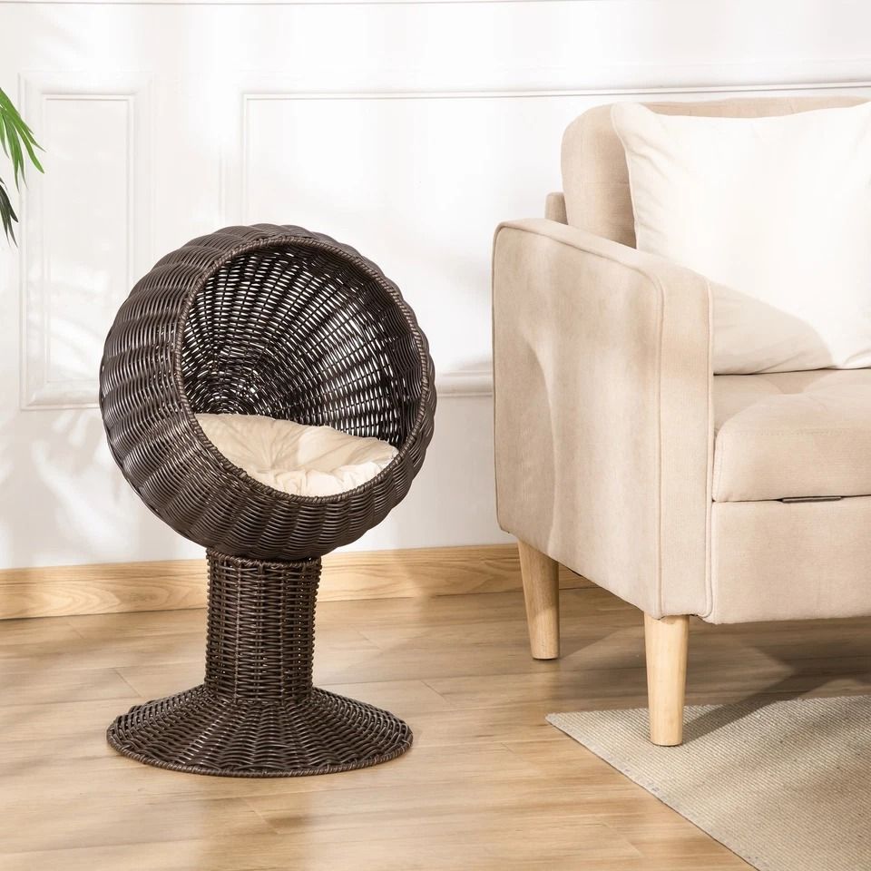 Rattan Wicker Elevated Cat House with Cushion Cozy Kitty Scratch House for Indoor Cats