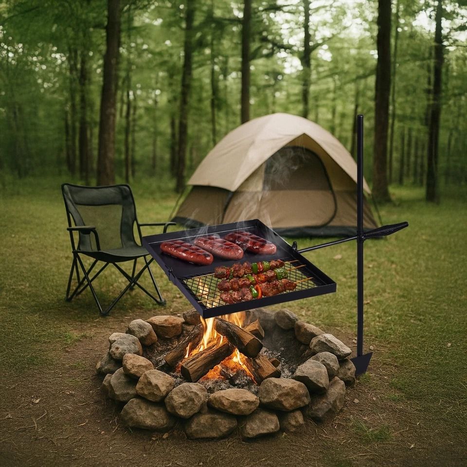 Swivel Campfire Grill Heavy Duty Steel Folding Cooking Grate for Outdoor Camping & BBQ