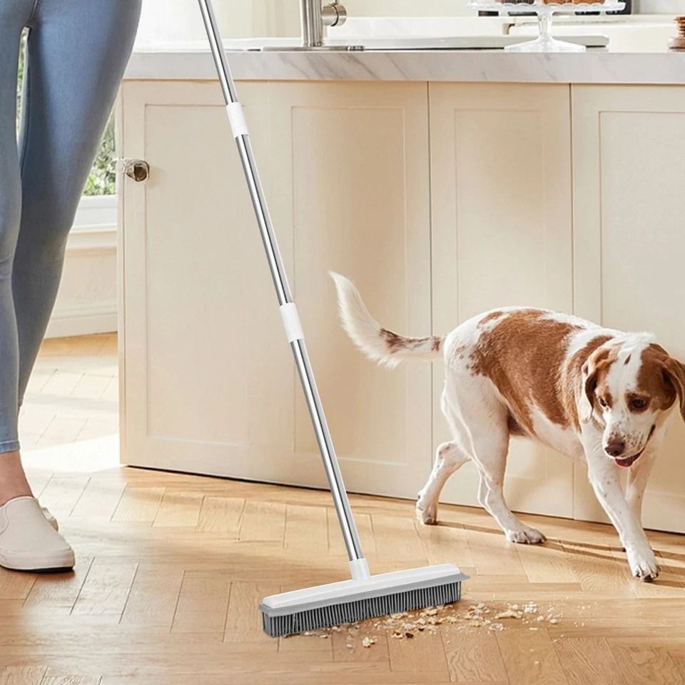 Pet Hair Removal Broom with Adjustable Long Handle, Rubber Bristles for Easy Pet Fur Cleanup