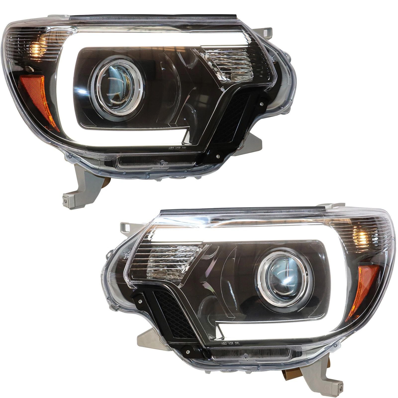 Projector Headlights with LED DRL Bar Black Housing Pair