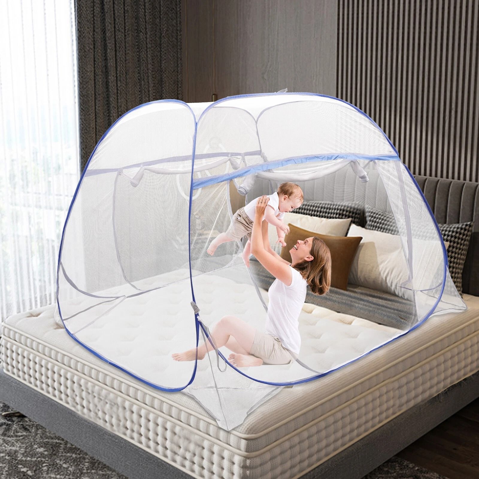 Pop Up Mosquito Net Tent Foldable Bed Canopy with Zipper Door