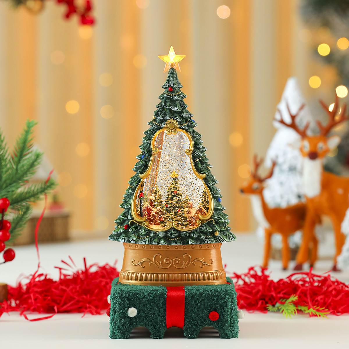 Christmas Gifts, Christmas Tree Shaped Octave Box, Light Up Automatic Snow Ornament, Xmas Sign Theme Desktop Decorations