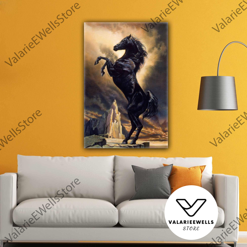 Reared Black Horse Nobility Nature Landscape Roll Up Canvas, Inspire Uplift