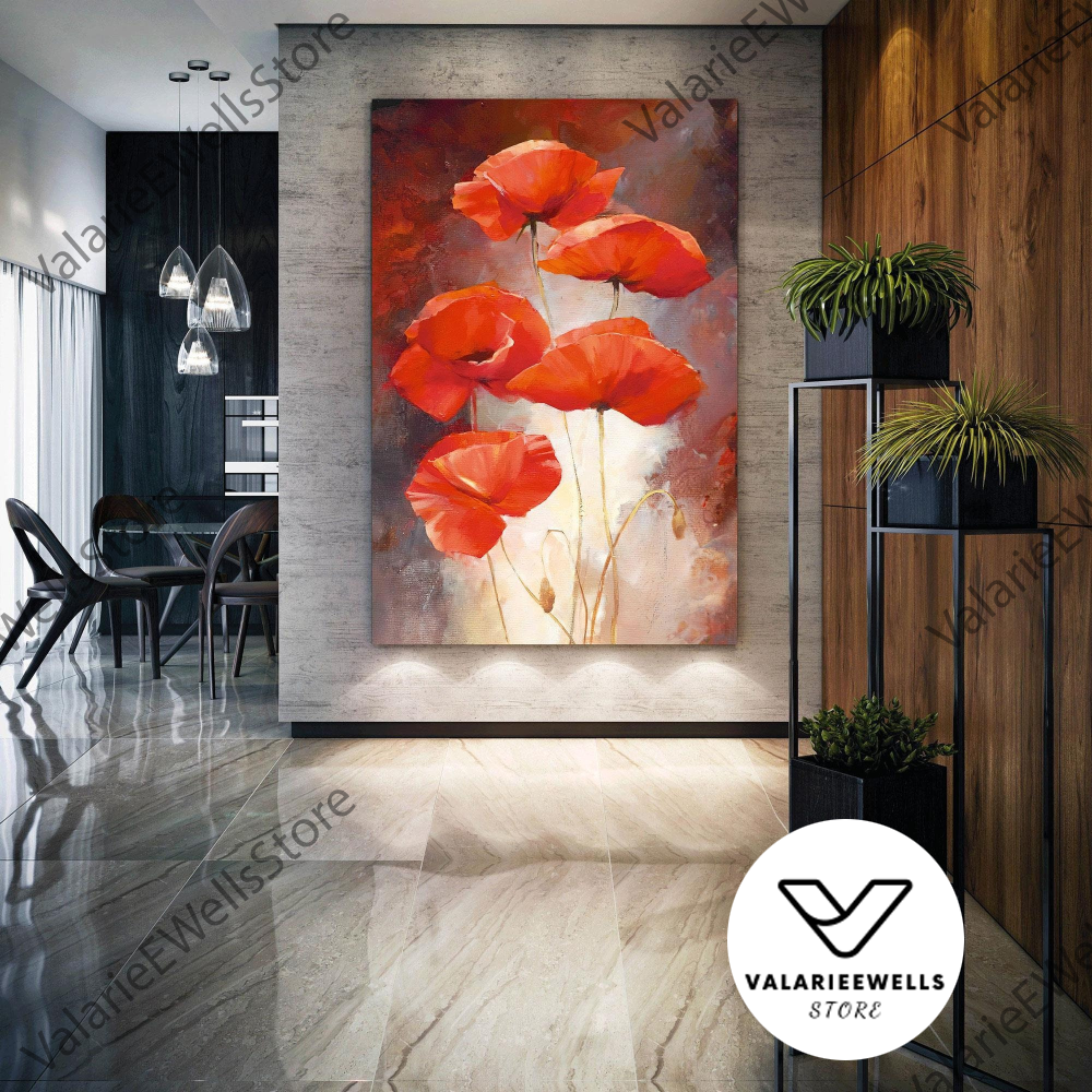 Red Flower Wall Art, Blooming Poppy Canvas Art, Living Room | Inspire ...