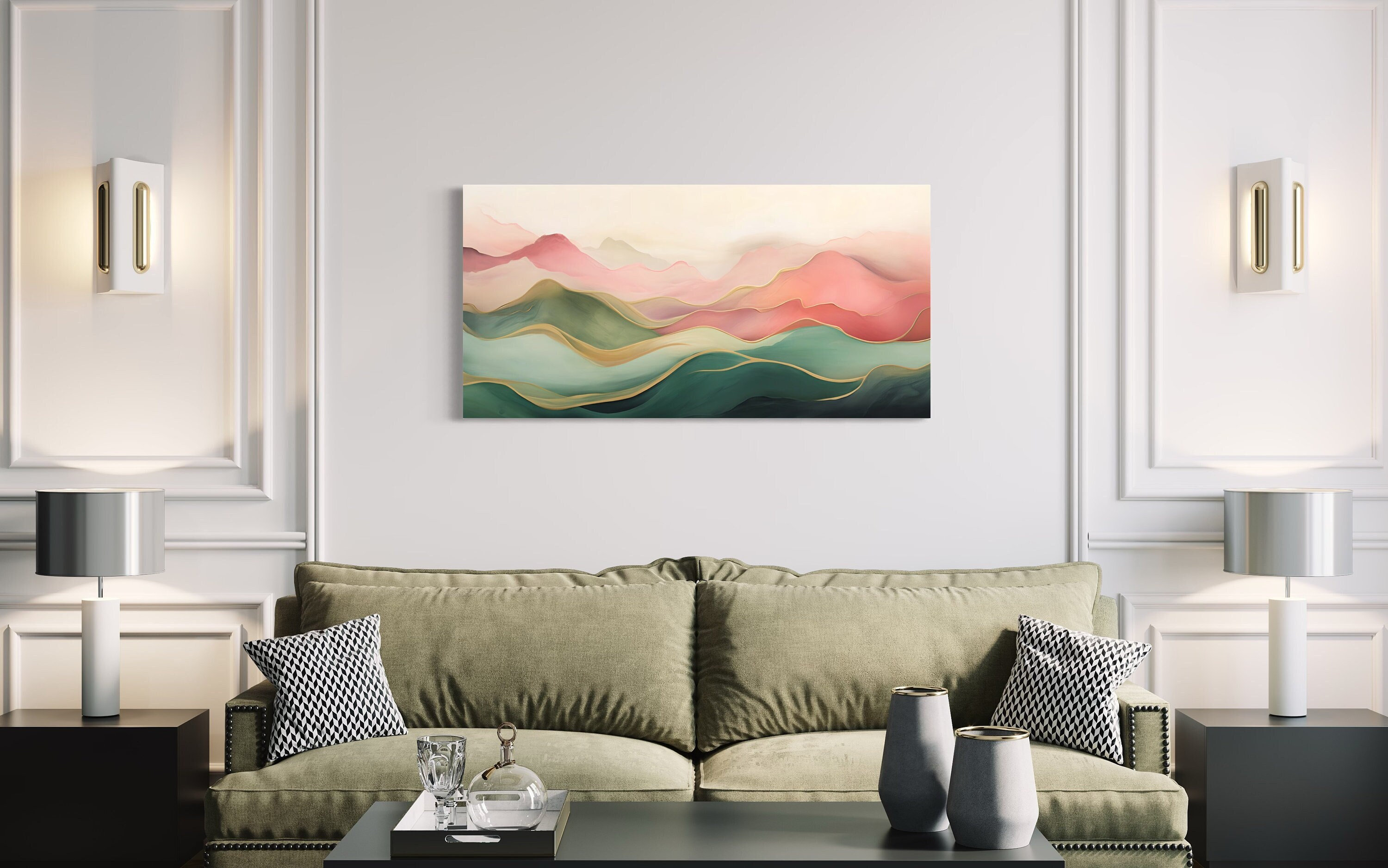 Blush Pink Green Abstract Wall Art Mountain Landscape Pain Inspire