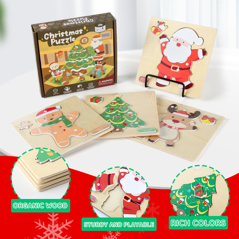 Santa Claus Reindeer Christmas Tree Gingerbread Man Wooden Puzzle Set Educational Toy Handmade Christmas Gift