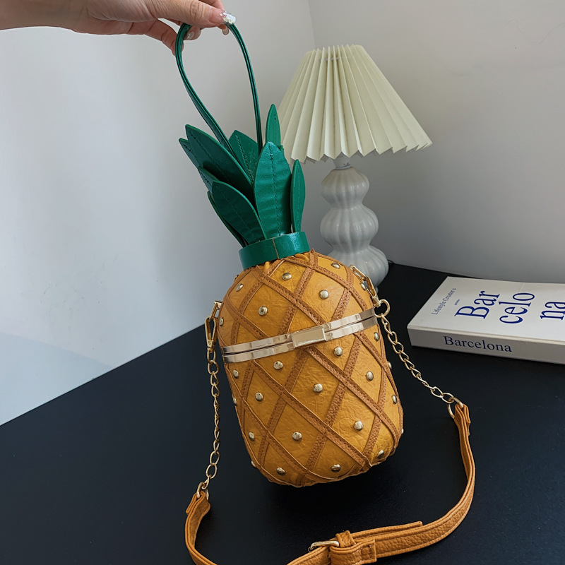 Novelty Women's Pineapple Crossbody Shoulder Handbag Hawaiian PU Leather Rivets Tote Bag for Girls
