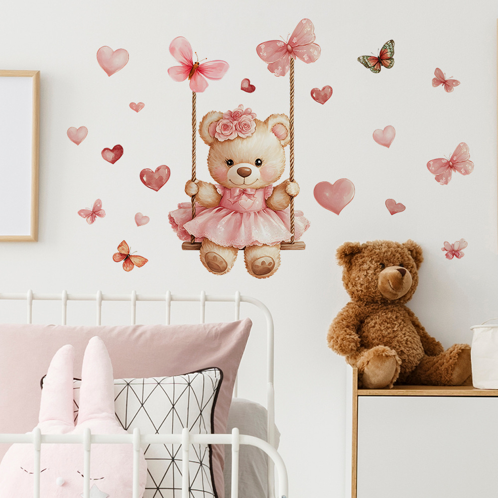 Cartoon Bear Butterfly Wall Stickers for Kids Room – Self-Adhesive Mural Decor