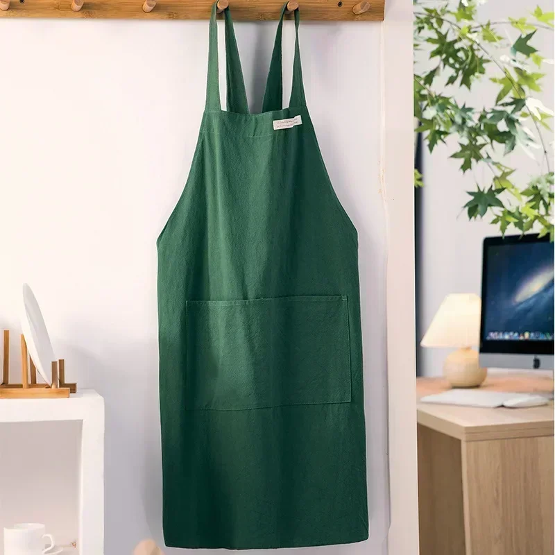 Women Japanese & Korean Denim Apron – Cotton & Linen Solid Color Kitchen Apron